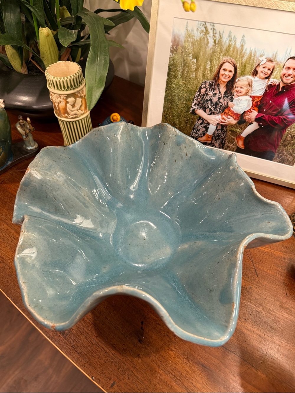 Handmade Large Blue Clay Ruffled Centerpiece Bowl-Decorative Home Art-14” x 5”